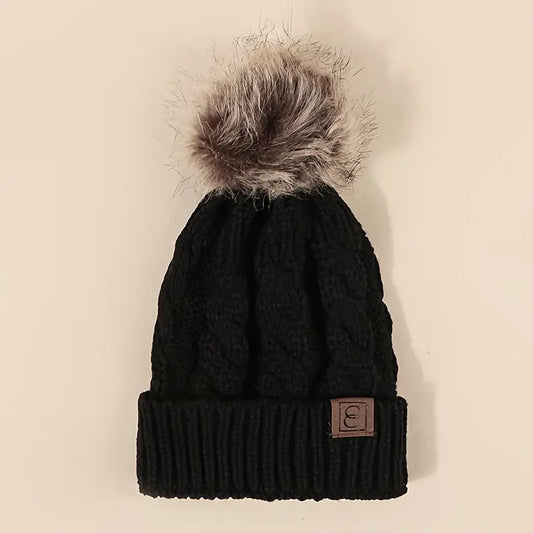 Cable Knit Pom Pom Beanie - Black - Wigsisters