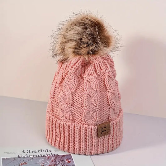 Cable Knit Pom Pom Beanie - Deep Pink - Wigsisters