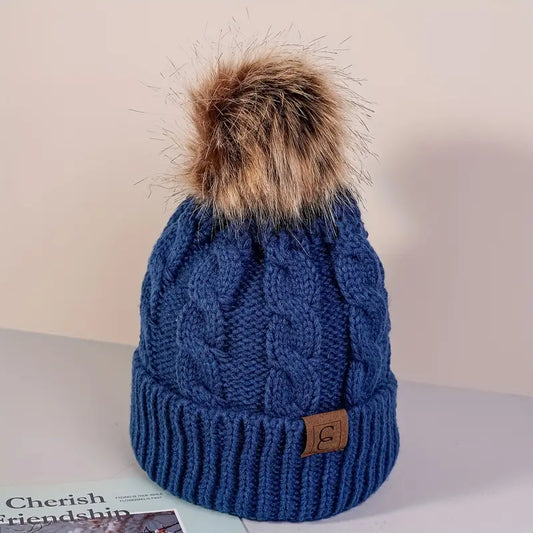 Cable Knit Pom Pom Beanie - Denim Blue - Wigsisters