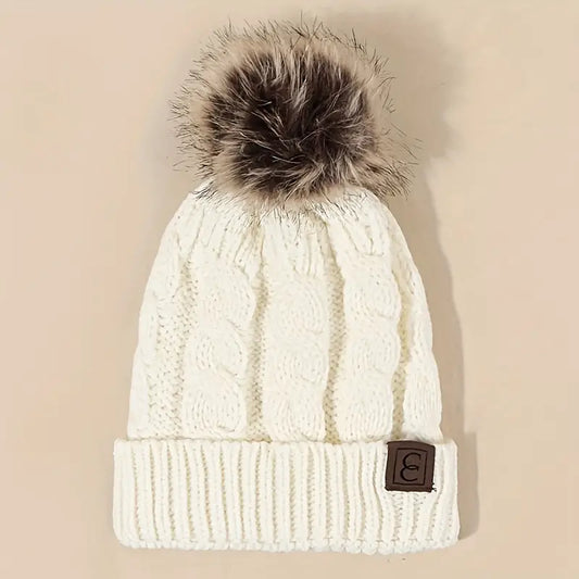 Cable Knit Pom Pom Beanie - White - Wigsisters