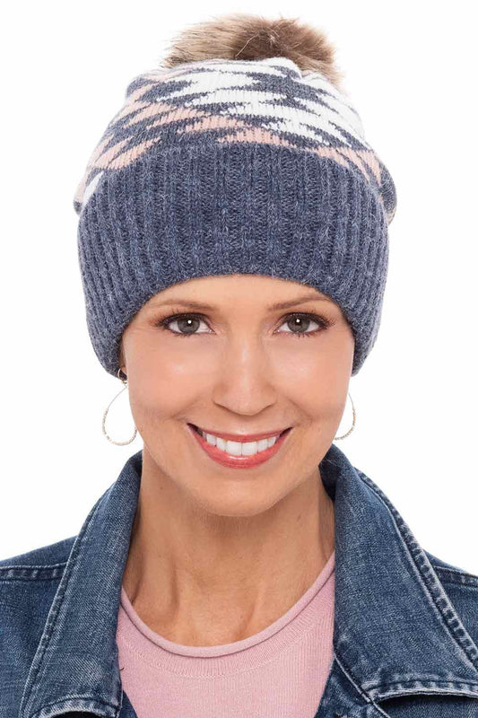 Aztec Pink & Denim Faux Fur Pom-Pom Beanie Hat - Wigsisters